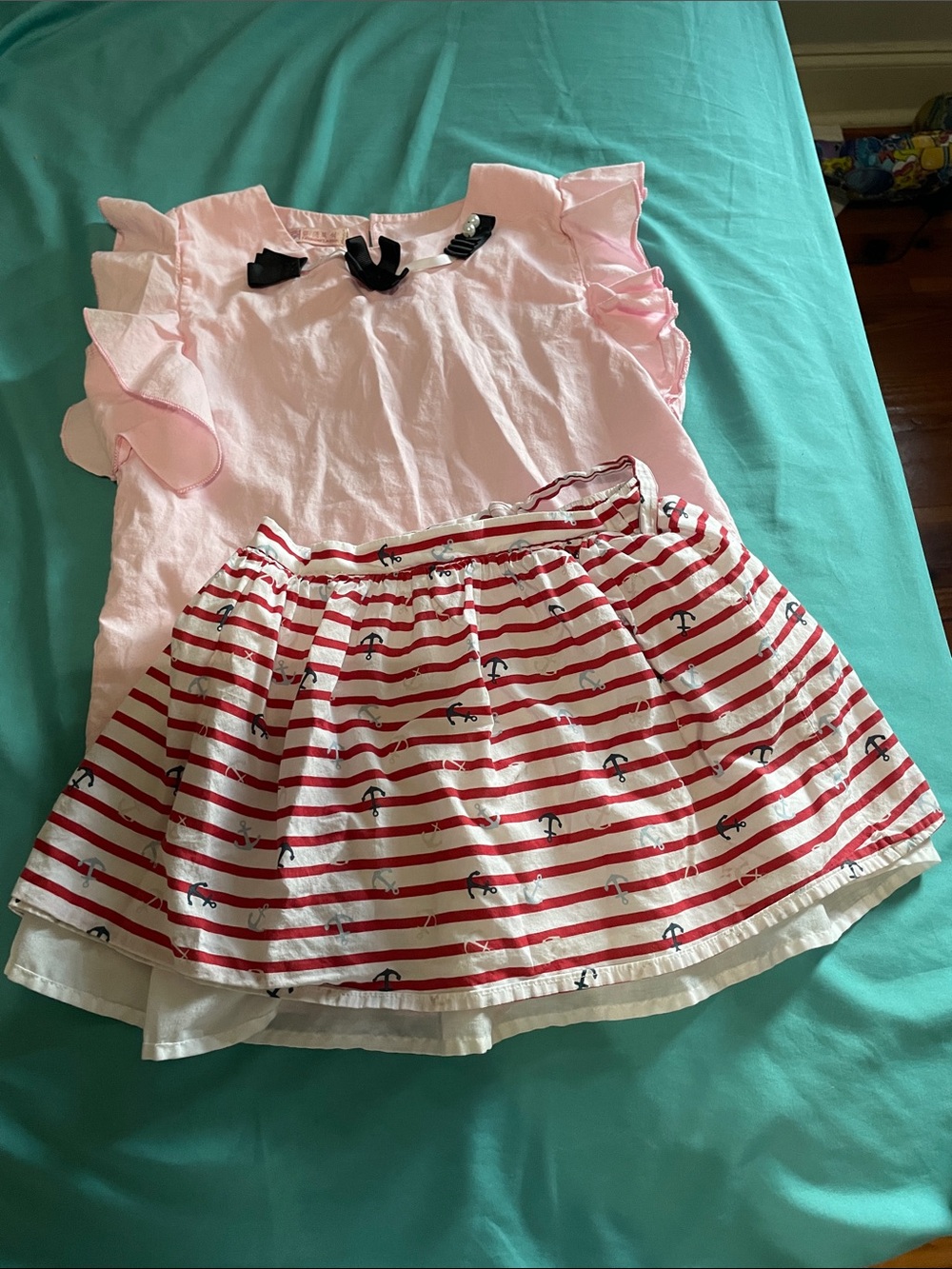 Kids Red & White Striped Skirt - Anchor Print